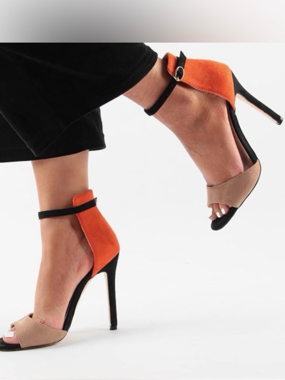 Zara Color block Suede Ankle-Strap Heels in Orange and Tan